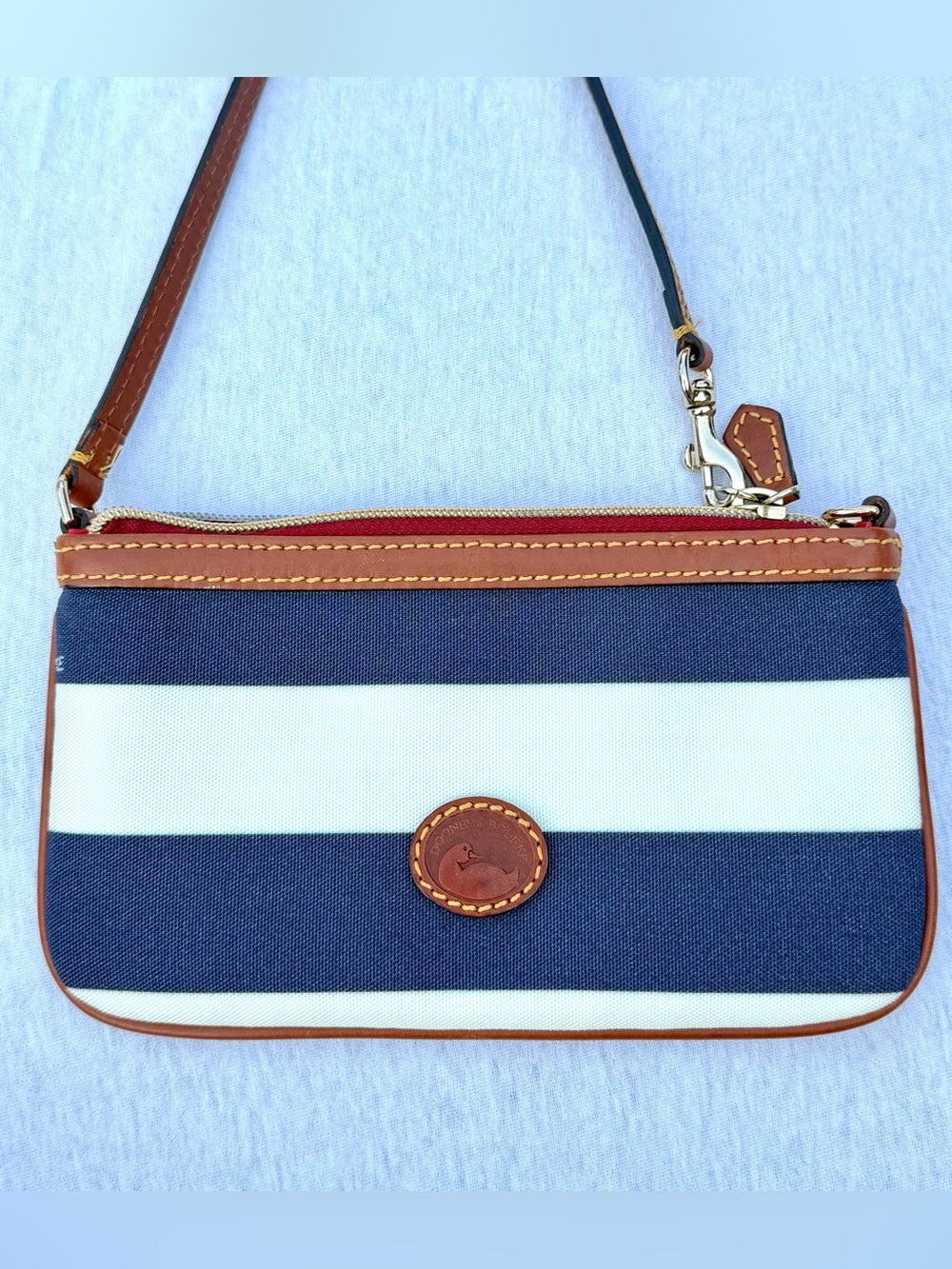 Vtg Dooney & Bourke Wristlet Navy White Stripe Canvas Leather Clutch Purse Bag